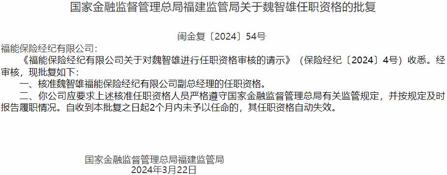 国家金融监督管理总局福建监管局：魏智雄福能保险经纪副总经理的任职资格获批-公闻财经