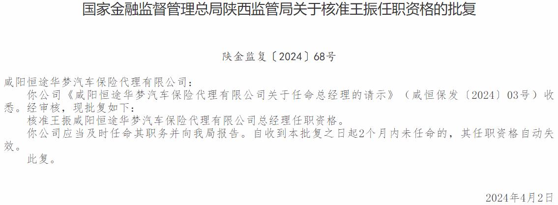 国家金融监督管理总局陕西监管局：王振咸阳恒途华梦汽车保险代理总经理任职资格获批-公闻财经