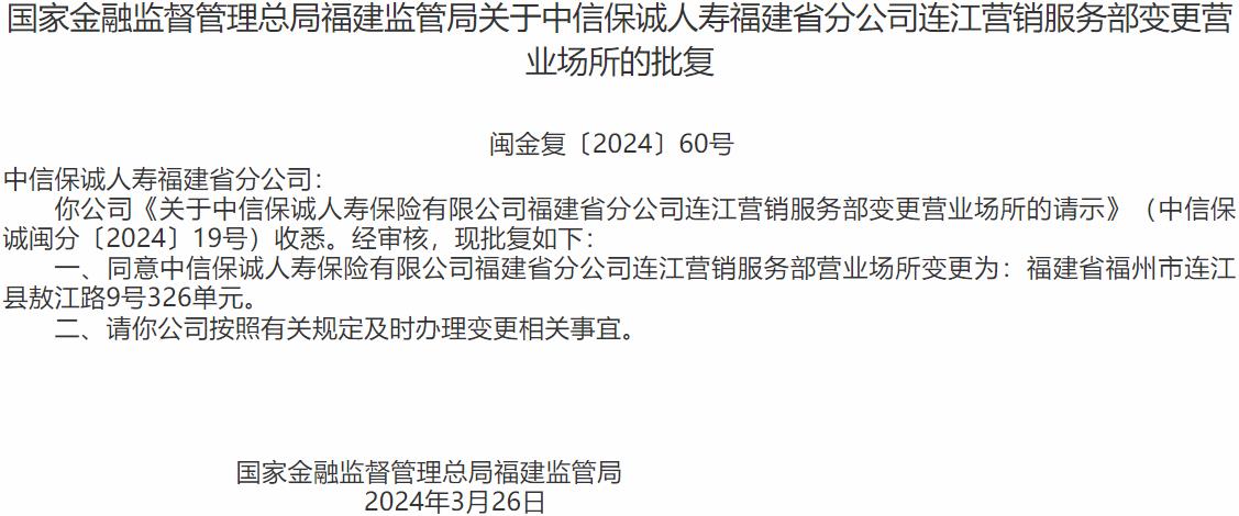 中信保诚人寿福建省分公司连江营销服务部变更营业场所获国家金融监督管理总局核准-公闻财经