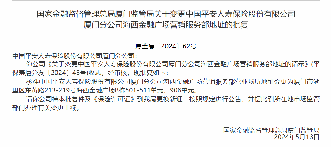 银保监会同意中国平安人寿厦门分公司变更海西金融广场营销服务部地址-公闻财经