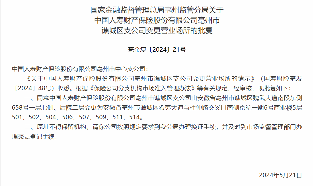 银保监会同意中国人寿亳州市支公司变更营业场所-公闻财经