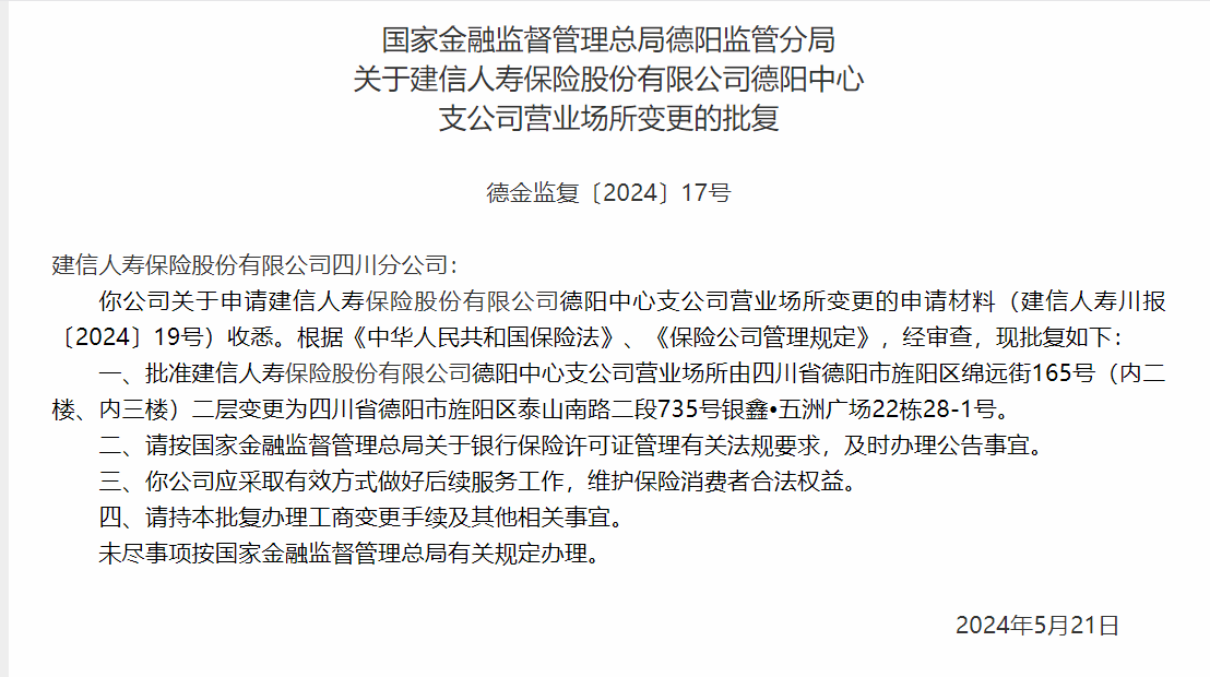 银保监会同意建信人寿德阳中心支公司变更营业场所-公闻财经