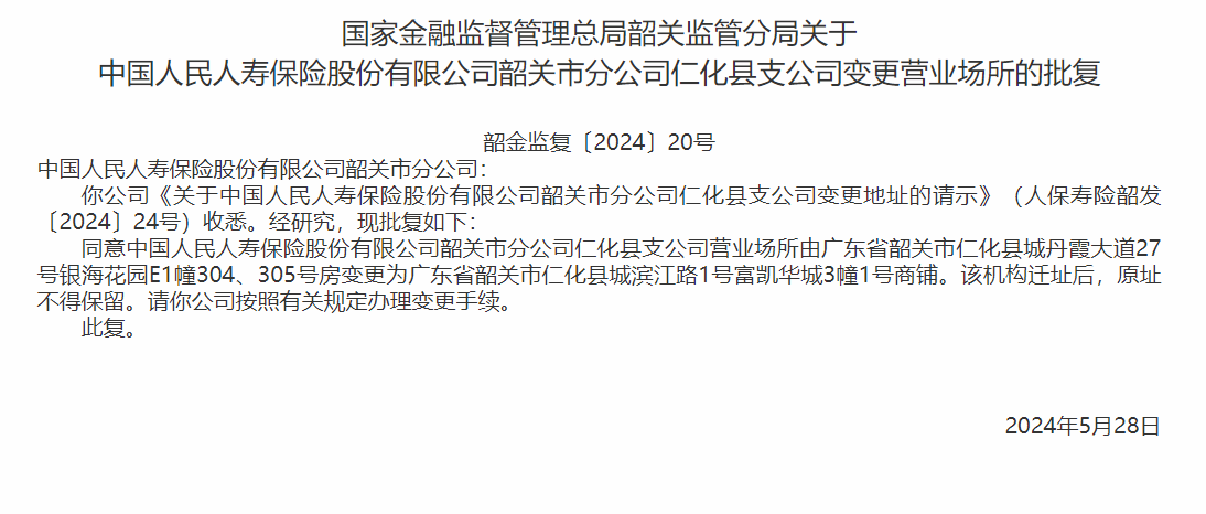 银保监会同意中国人保寿险韶关市分公司变更营业场所-公闻财经